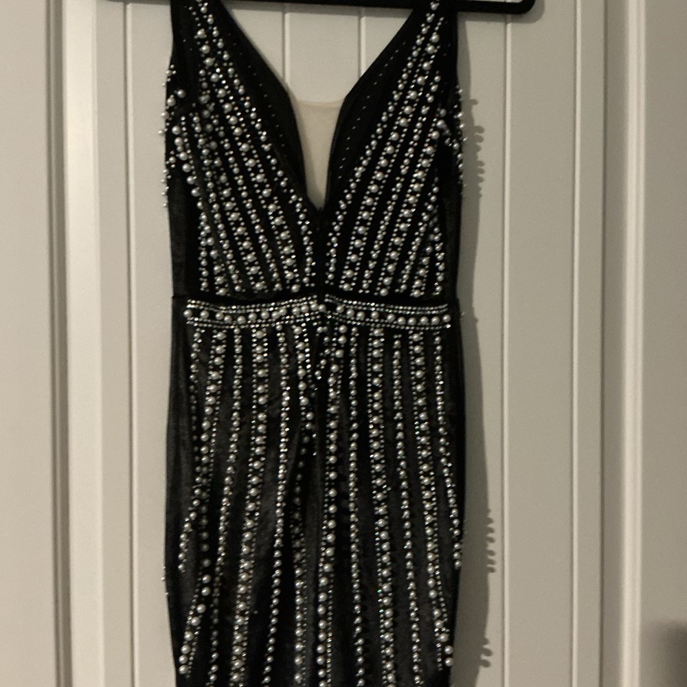Black Beaded V-Neck Evening Dress